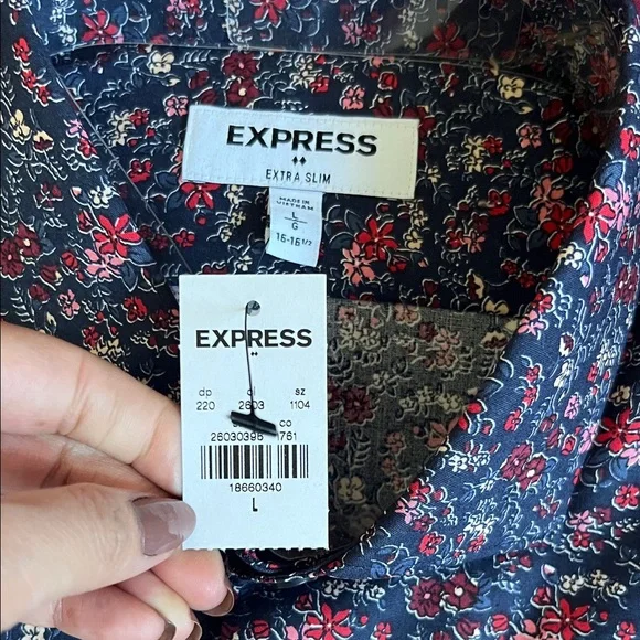 Express Men's Navy Shirt with Pink Floral Print - Picture 2 of 5